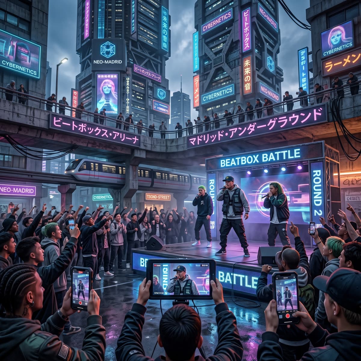 Ilustración: batalla de beatbox con el público grabando