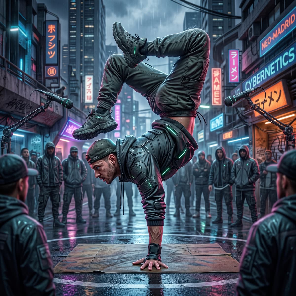 Ilustración: b-boy en un freeze en mitad del corro