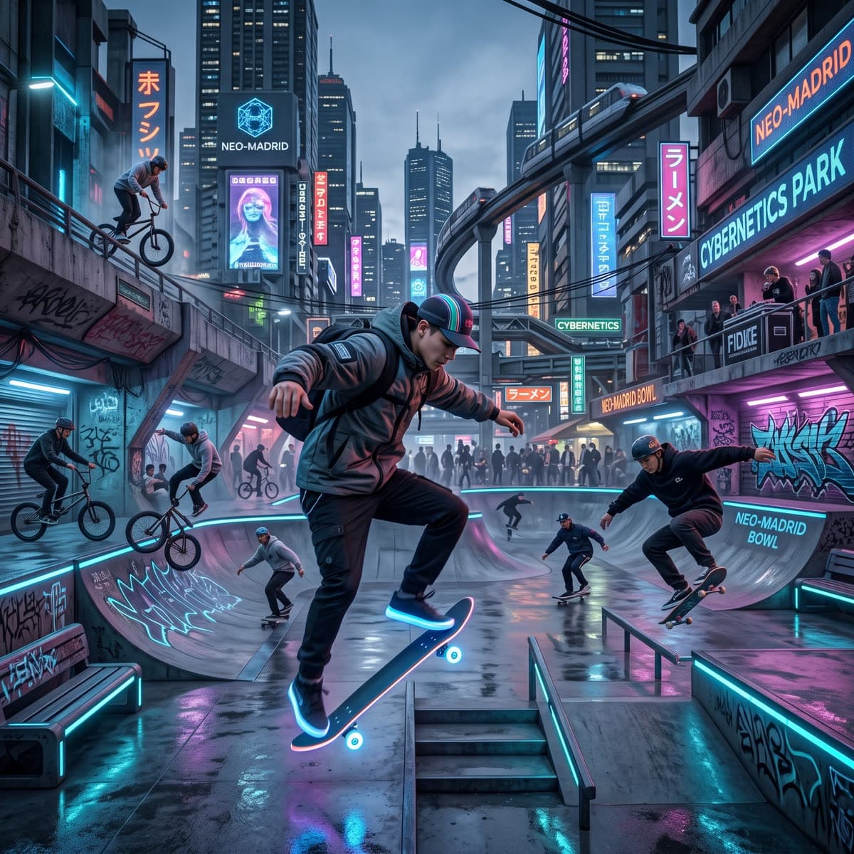 Ilustración: skater en un parque urbano
